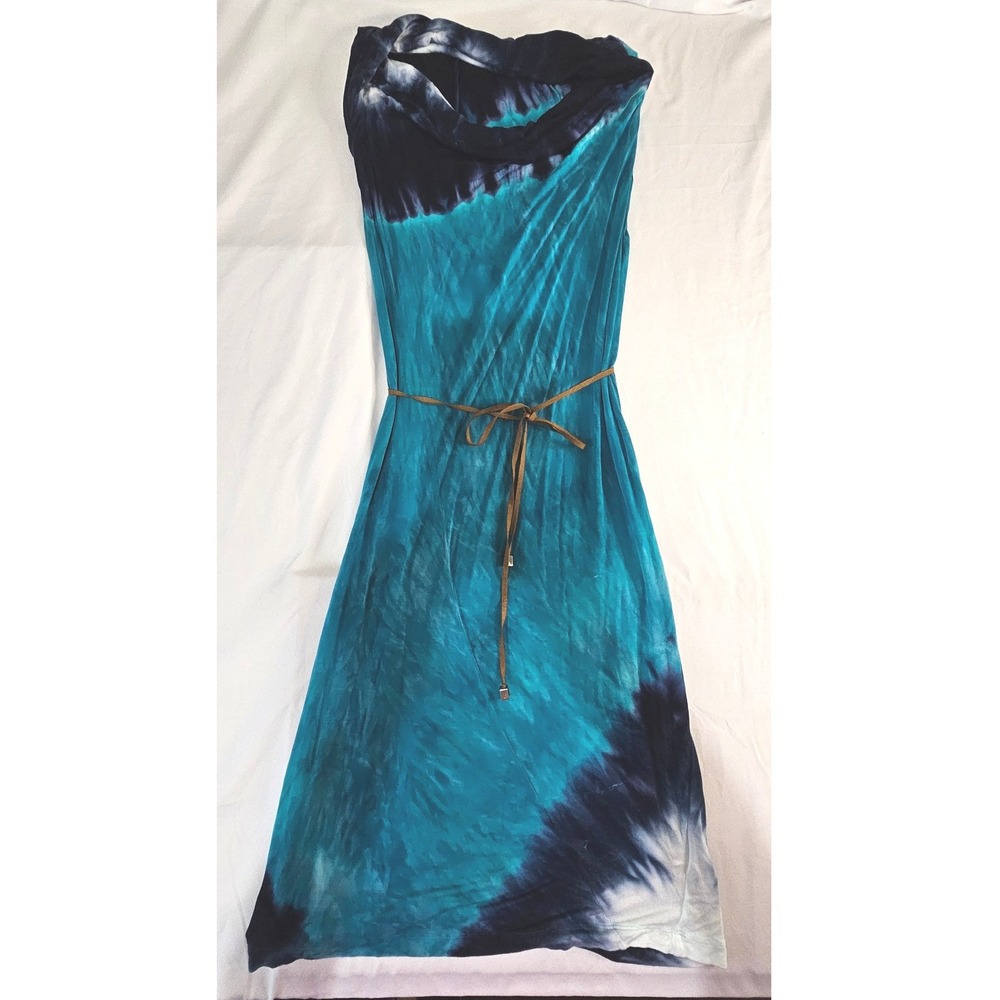 Boston Proper Maxi Dress XS Teal Blue Tie Dye Cowl Neck with Braided Belt